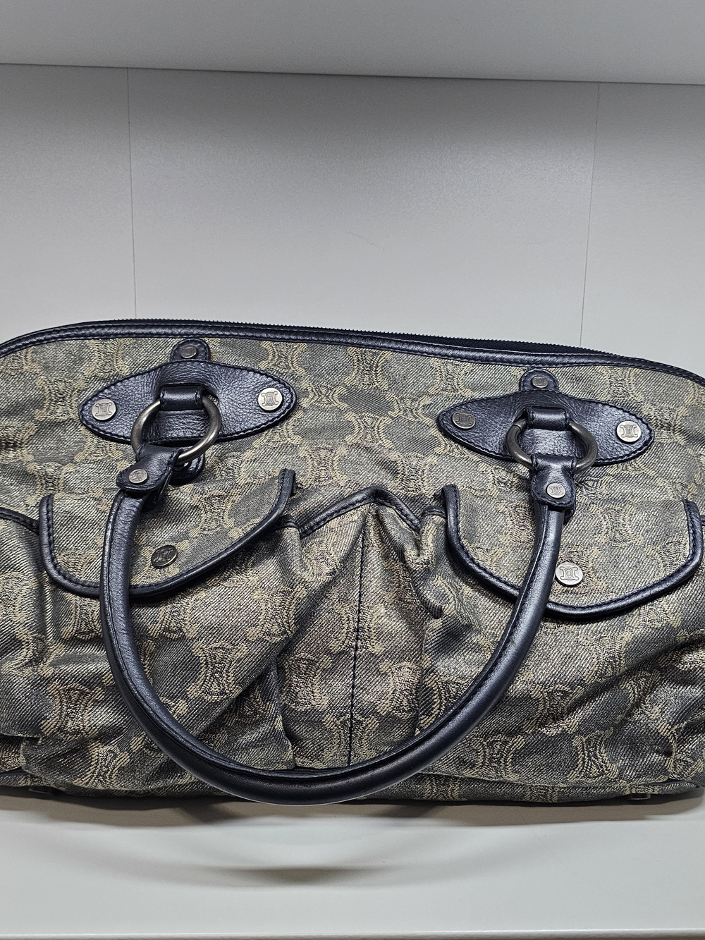Celine Beige Monogram Satchel with Black Trim